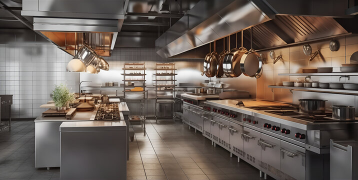 Industrial kitchen. Restaurant kitchen. Modern shiny kitchen with stainless steel utensils and restaurant cooking equipment with prep tables, pans, pots, stoves.