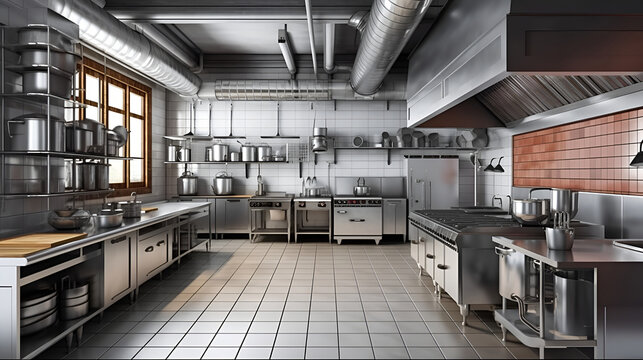 Industrial kitchen. Restaurant kitchen. Modern shiny kitchen with stainless steel utensils and restaurant cooking equipment with prep tables, pans, pots, stoves.