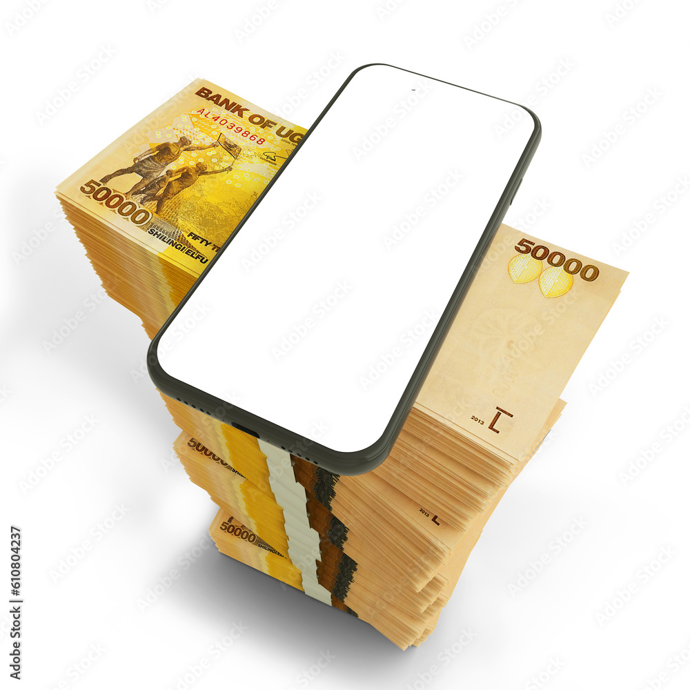 Aufkleber 3d rendering of mobile phone with blank screen on top of stacks of ugandan shilling notes arranged i
