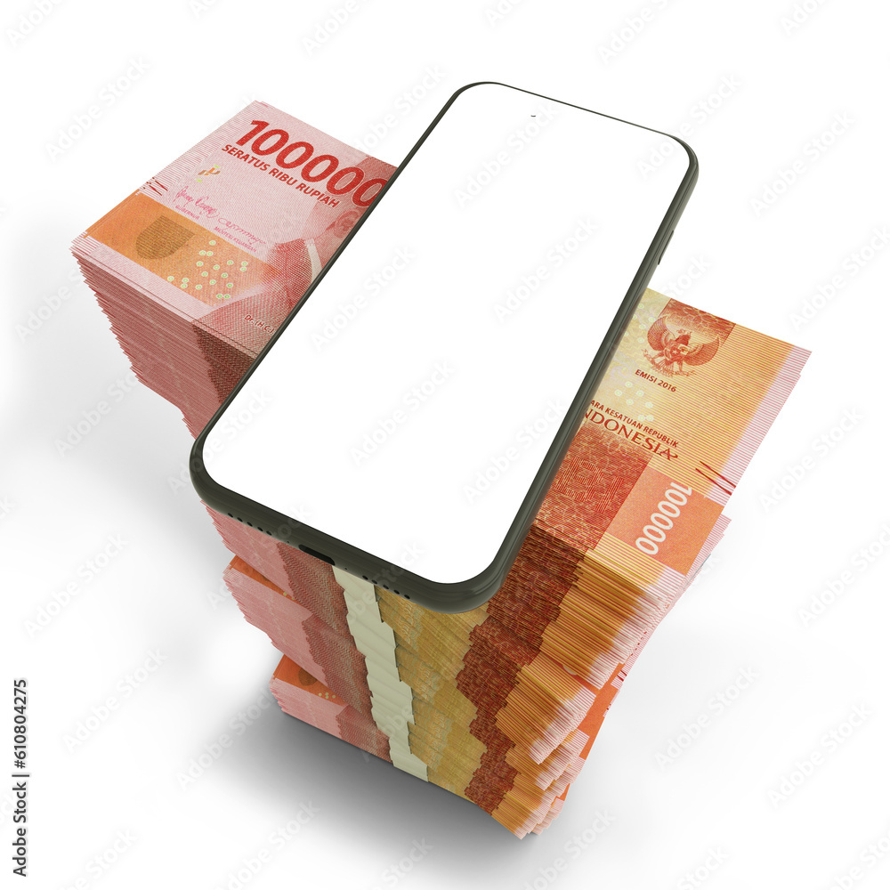 Poster 3d rendering of mobile phone with blank screen on top of stacks of indonesian rupiah notes arranged 