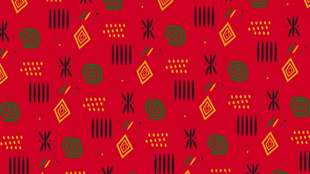Animated Juneteenth loopable background with African ornaments in red, yellow, green and black. Perfect for videos about African culture, emancipation and the fight against racism. 