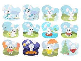 Collection of cute white rabbits in different seasons. Set for calendar or postcards. Funny rabbits. Collection of vector illustrations in cartoon style.