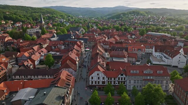 Drone shot of Wernigerode . It is a town in the Harz district of central Germany