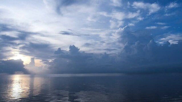 Panorama front viewpoint landscape travel summer sea wind wave cool on holiday calm coastal sunset sky light orange golden Nature tropical Beautiful morning hour day At thale Noi Phatthalung Thailand.