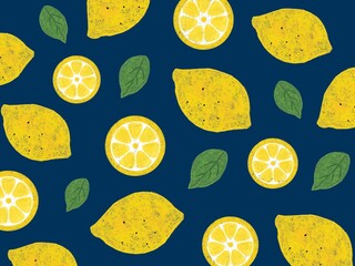 手描きのレモン柄の背景イラスト（ネイビー）