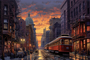 sunset cityscapes with tram - obrazy, fototapety, plakaty