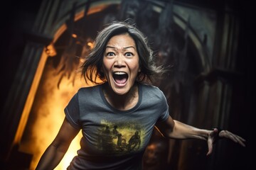 Close-up portrait photography of a cheerful woman in her 40s that is wearing a casual t-shirt against a thrilling haunted house attraction with brave visitors background .  Generative AI