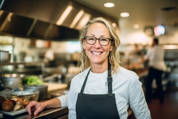 Portrait of smiling female chef standing in a commercial kitchen at restaurant