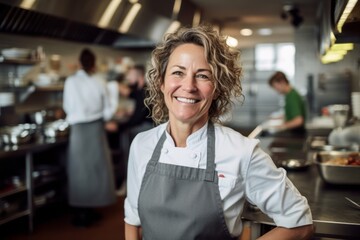 Fototapeta premium Portrait of female chef smiling at camera in kitchen of restaurant or hotel