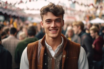 Close-up portrait photography of a grinning man in his 20s that is wearing a chic cardigan against a lively oktoberfest celebration with attendees in traditional attire background .  Generative AI