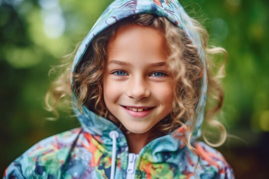 Portrait of a smiling little girl in a raincoat outdoors.