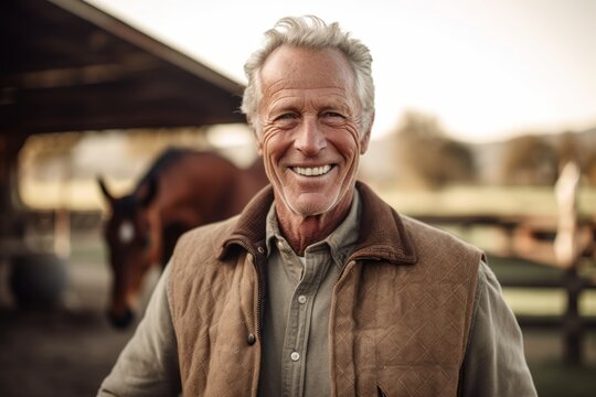Portrait of a smiling senior man standing in the stable with his horse