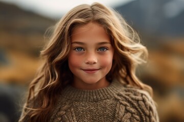Fototapeta premium Close-up portrait photography of a pleased child female that is wearing a cozy sweater against a national park or natural wonder background . Generative AI