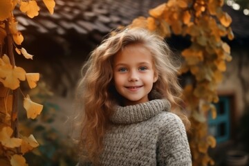 Cute little girl with long curly hair in a warm knitted sweater on a background of autumn leaves.