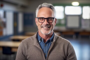 Portrait of smiling mature man with eyeglasses standing in classroom