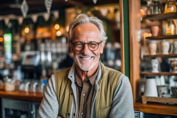 Obraz premium Portrait of smiling senior man in eyeglasses standing in coffee shop