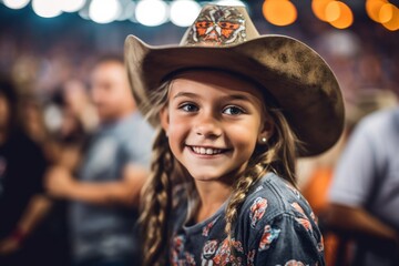 Close-up portrait photography of a pleased child female that is wearing a fun graphic tee against a lively rodeo event with barrel racing and bull riding background .  Generative AI