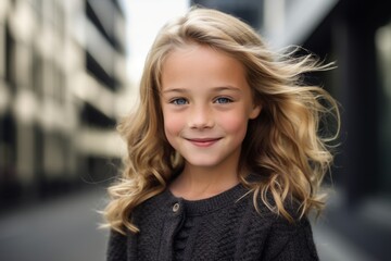 Obraz premium Portrait of a cute little girl with long blond hair in the city