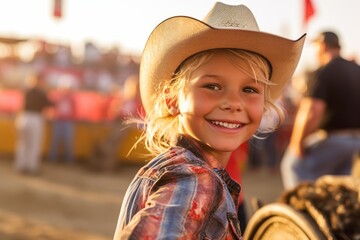 Close-up portrait photography of a pleased child female that is wearing a fun graphic tee against a lively rodeo event with barrel racing and bull riding background .  Generative AI