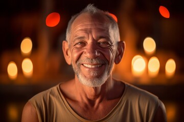 Fototapeta premium Portrait of a smiling senior man looking at the camera while standing in front of a lit room