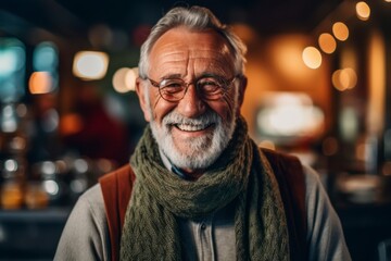 Obraz premium Medium shot portrait photography of a grinning man in his 70s that is wearing a charming scarf against a cozy coffee shop with baristas making drinks background . Generative AI