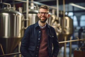 Obraz premium Portrait of a handsome bearded man wearing glasses standing in a brewery