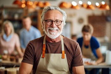 Obraz premium Portrait of smiling senior man in apron looking at camera while standing in cafe