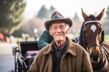 Portrait of a senior man with his horse in the park.