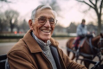 Portrait of smiling senior man with horse drawn carriage in the city