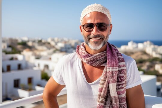 Close-up portrait photography of a pleased man in his 40s that is wearing a charming scarf against a luxurious rooftop pool party with stunning views background .  Generative AI