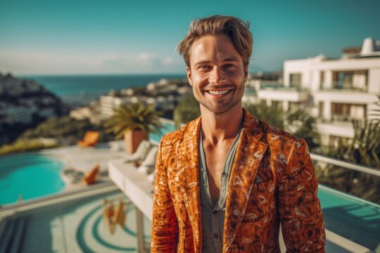 Close-up portrait photography of a pleased man in his 20s that is wearing a chic cardigan against a luxurious rooftop pool party with stunning views background .  Generative AI