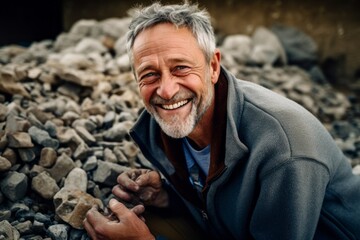 Portrait of a smiling senior man sitting on a pile of stones.
