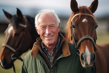 Close-up portrait photography of a pleased man in his 60s that is wearing a cozy sweater against a beautiful horse ranch with riders taking lessons background .  Generative AI