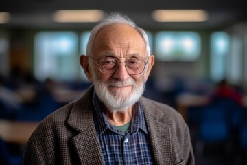 Fototapeta premium Portrait of a senior man with eyeglasses in a classroom