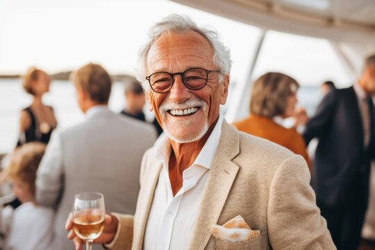 cheerful senior man in eyeglasses holding glass of wine on yacht