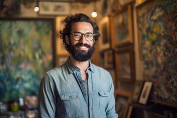 Portrait of handsome man with eyeglasses standing in art studio