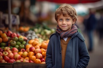Fototapeta premium Portrait of little boy at market stall. Cute child buying fruits.