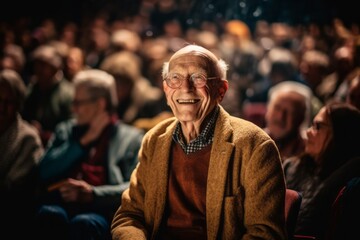 Obraz premium Portrait of an elderly man sitting at the cinema and watching a movie