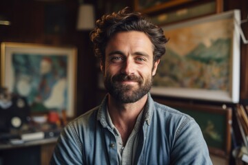 Obraz premium Portrait of smiling man sitting in art studio and looking at camera
