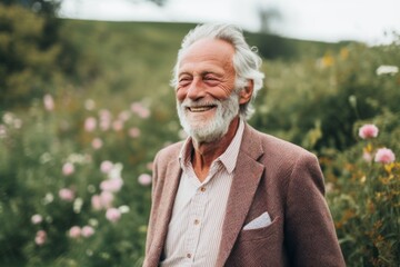 Portrait of a happy senior man in a blooming garden.