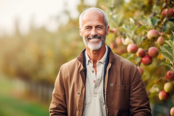 Portrait of a smiling senior man standing in an apple orchard