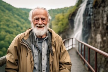Naklejka na ściany i meble Portrait of a senior man at the waterfall in the mountains.