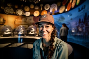 Medium shot portrait photography of a grinning woman in her 30s that is wearing a cool cap or hat against an interactive science museum with hands-on exhibits background .  Generative AI