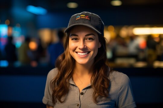Medium shot portrait photography of a grinning woman in her 30s that is wearing a cool cap or hat against an interactive science museum with hands-on exhibits background .  Generative AI