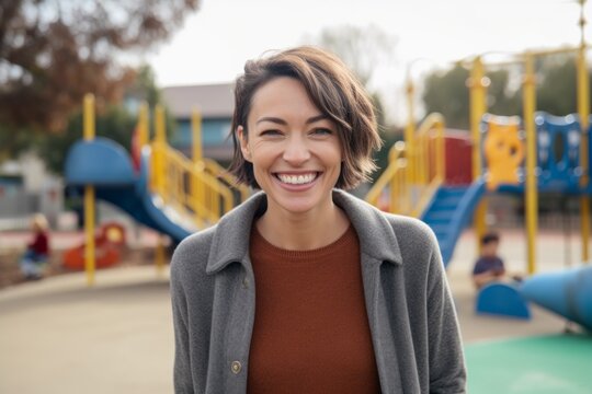 Medium shot portrait photography of a grinning woman in her 30s that is wearing a cozy sweater against a children's playground with parents and kids background .  Generative AI