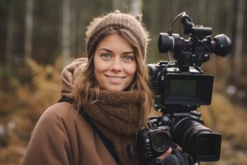 Portrait of a young woman with professional video camera in the forest