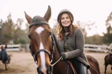 Obraz premium Portrait of a beautiful young woman riding a horse on a ranch