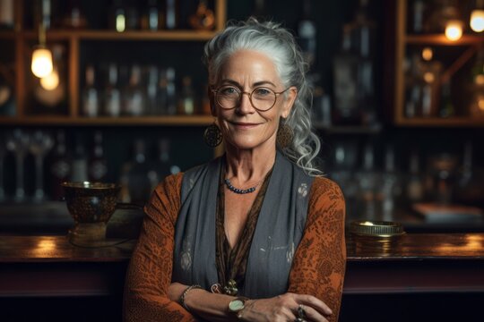 Close-up portrait photography of a satisfied woman in her 50s that is wearing a chic cardigan against an atmospheric speakeasy bar with vintage decor background .  Generative AI