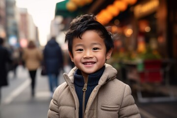 Medium shot portrait photography of a cheerful child male that is wearing a chic cardigan against a bustling chinatown with colorful shops and restaurants background .  Generative AI