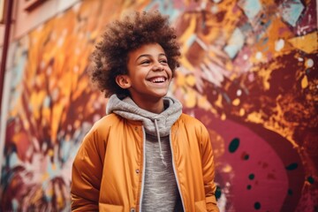 Medium shot portrait photography of a cheerful child male that is wearing a chic cardigan against a vibrant street art mural painting in progress background .  Generative AI